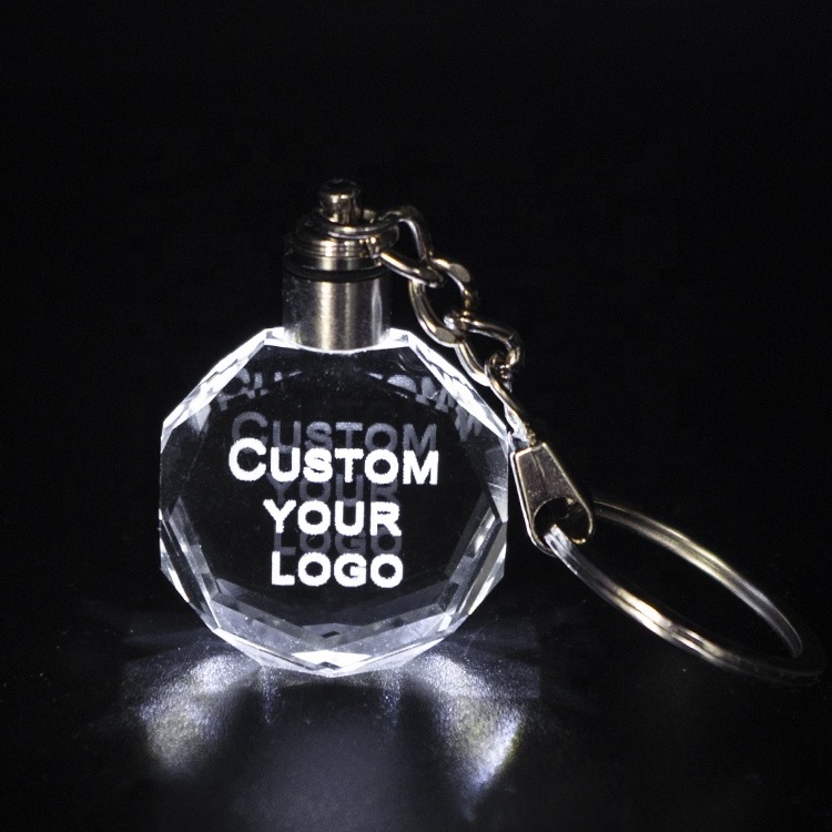 Cheap wholesale k9 blank sublimation LED crystal keychains custom blue big sizes logo glass 3D laser engraved crystal keychain