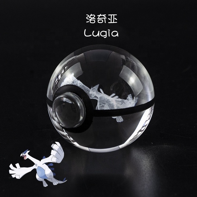 Factory bulk Multichoice 50MM 80MM 3D laser engraved anime glass Crystal PokeBall set With LED light base for Children's Gift