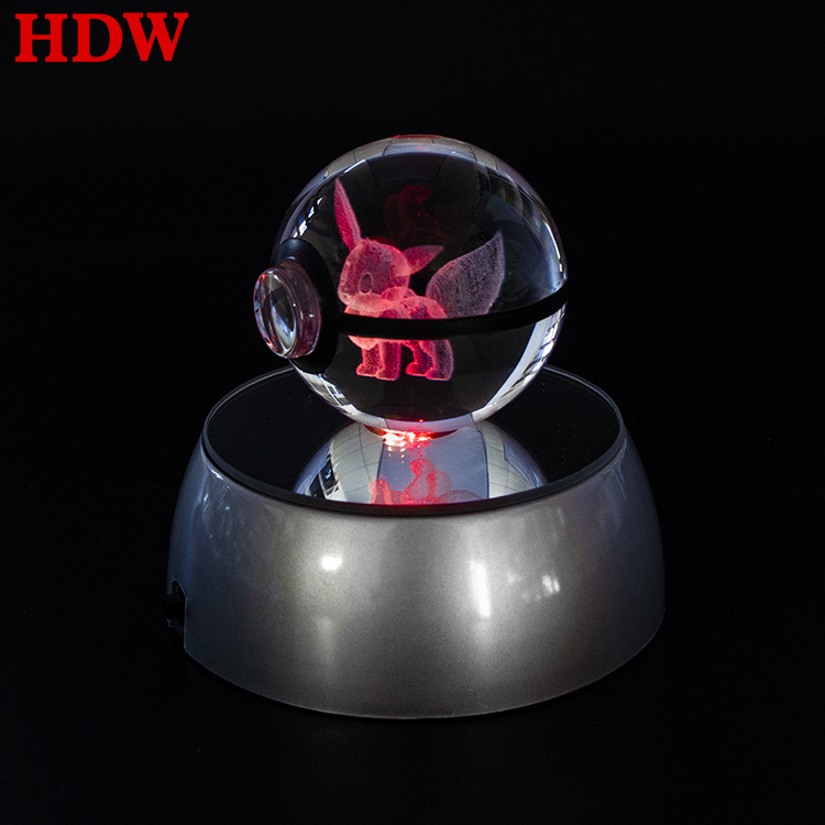 Market most popular k9 Crystal Crafts glass pokmon Ball Souvenir Toy crystal pokeball With LED Light Base For new year kid Gift