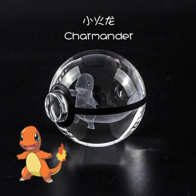 Factory bulk Multichoice 50MM 80MM 3D laser engraved anime glass Crystal PokeBall set With LED light base for Children's Gift