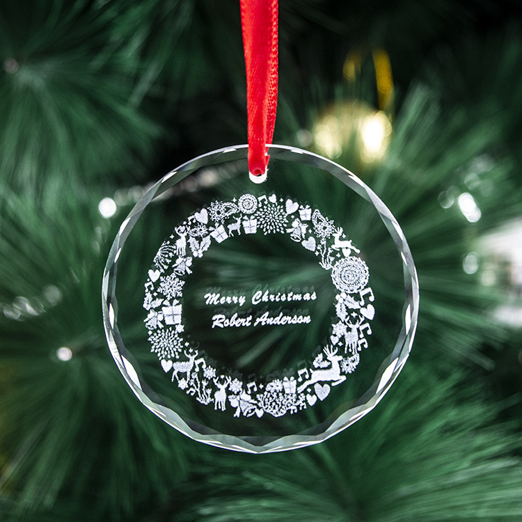 Guangzhou wholesale christmas blank glass pendant Customized 3d logo sublimation Crystal Glass Christmas Ornaments for gifts