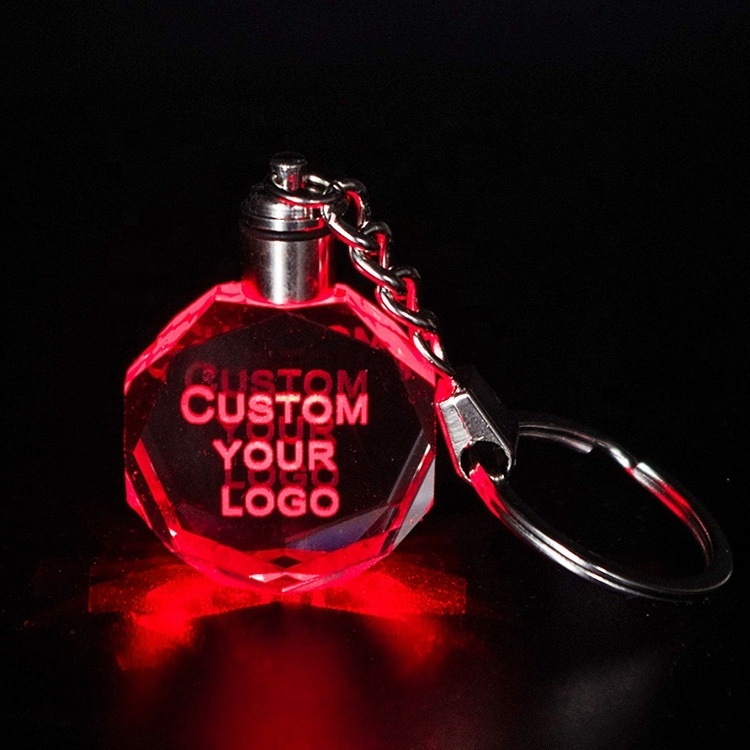 Cheap wholesale k9 blank sublimation LED crystal keychains custom blue big sizes logo glass 3D laser engraved crystal keychain