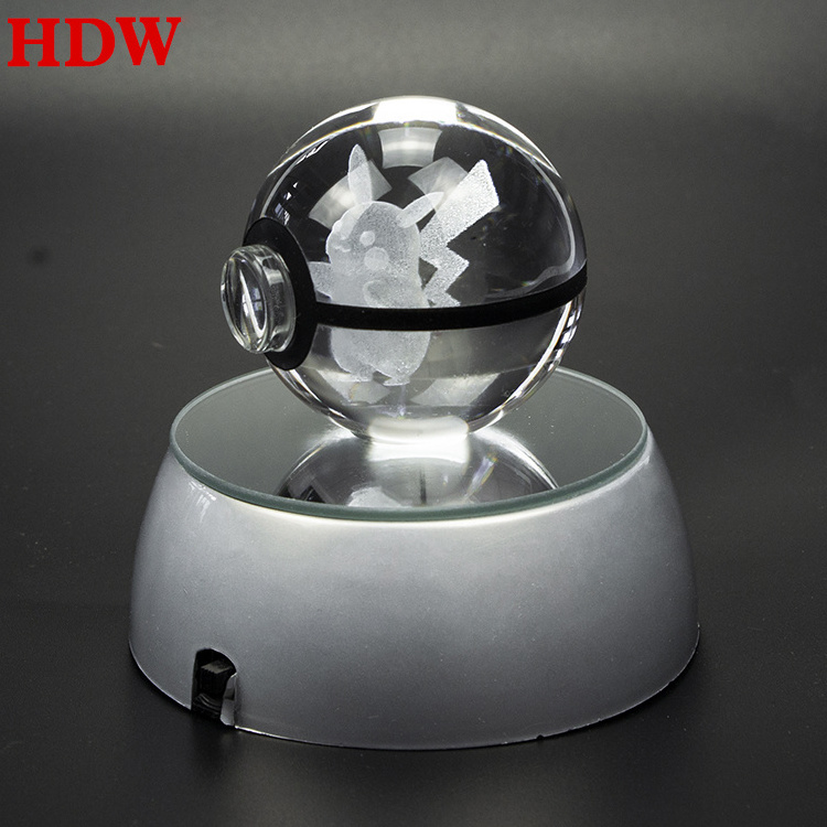 HOT SALE Cartoon figure New Pok mon Design Crystal Glass Ball Crystal Pokeball with led base for kid's new year gift