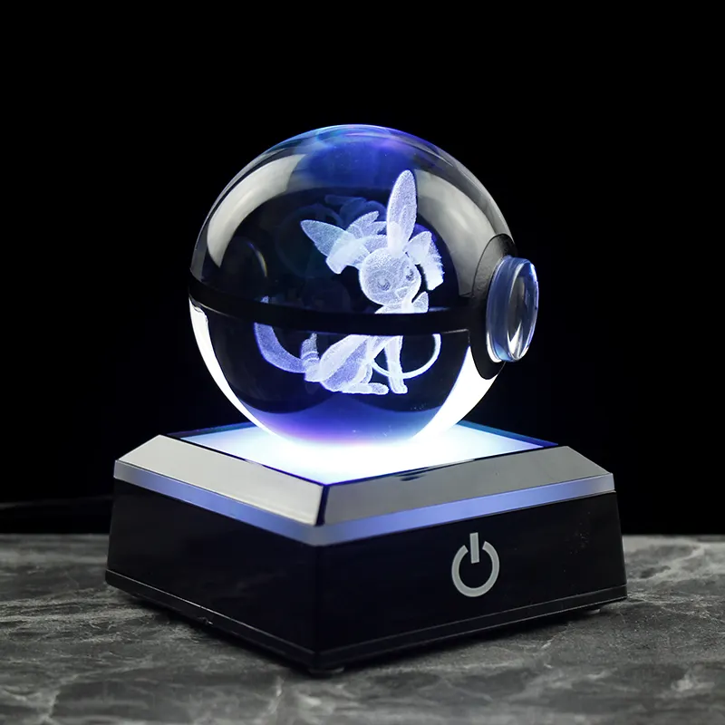 Factory Direct Sell 50mm 80mm 3d Laser Engraving Custom Decor Led Light Crystal poke ball Crystal Glass Ball With Led Base