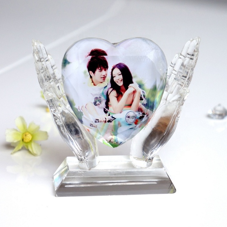 wholesale blank crystal glass photo frame custom 3d Heart Shape Crystal Photo Frame for Home Decoration