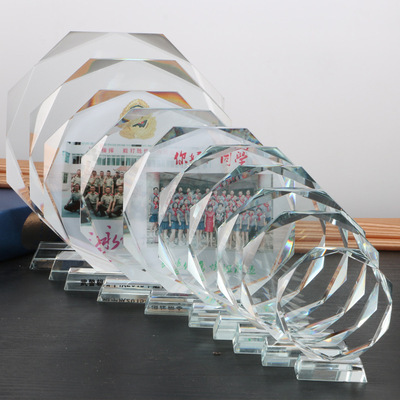 new design pujiang custom office souvenir gift acrylic crystal trophy K9 uv print custom logo cheap crystal base trophy award