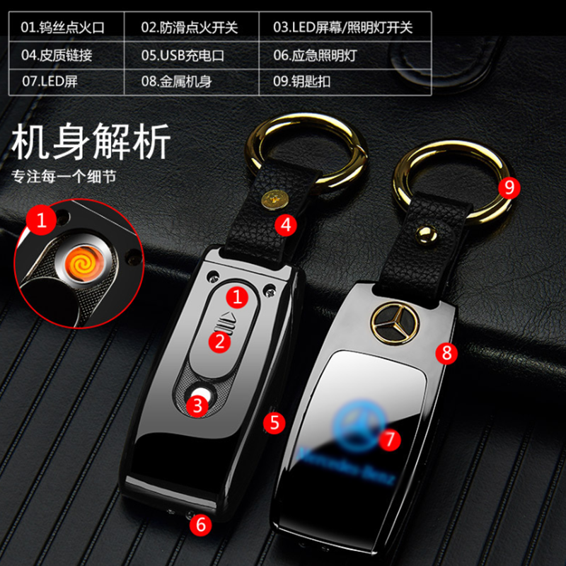 2020 Wholesale new design metal USB rechargeable electronic lighter custom car logo LED keychain cigarette lighter