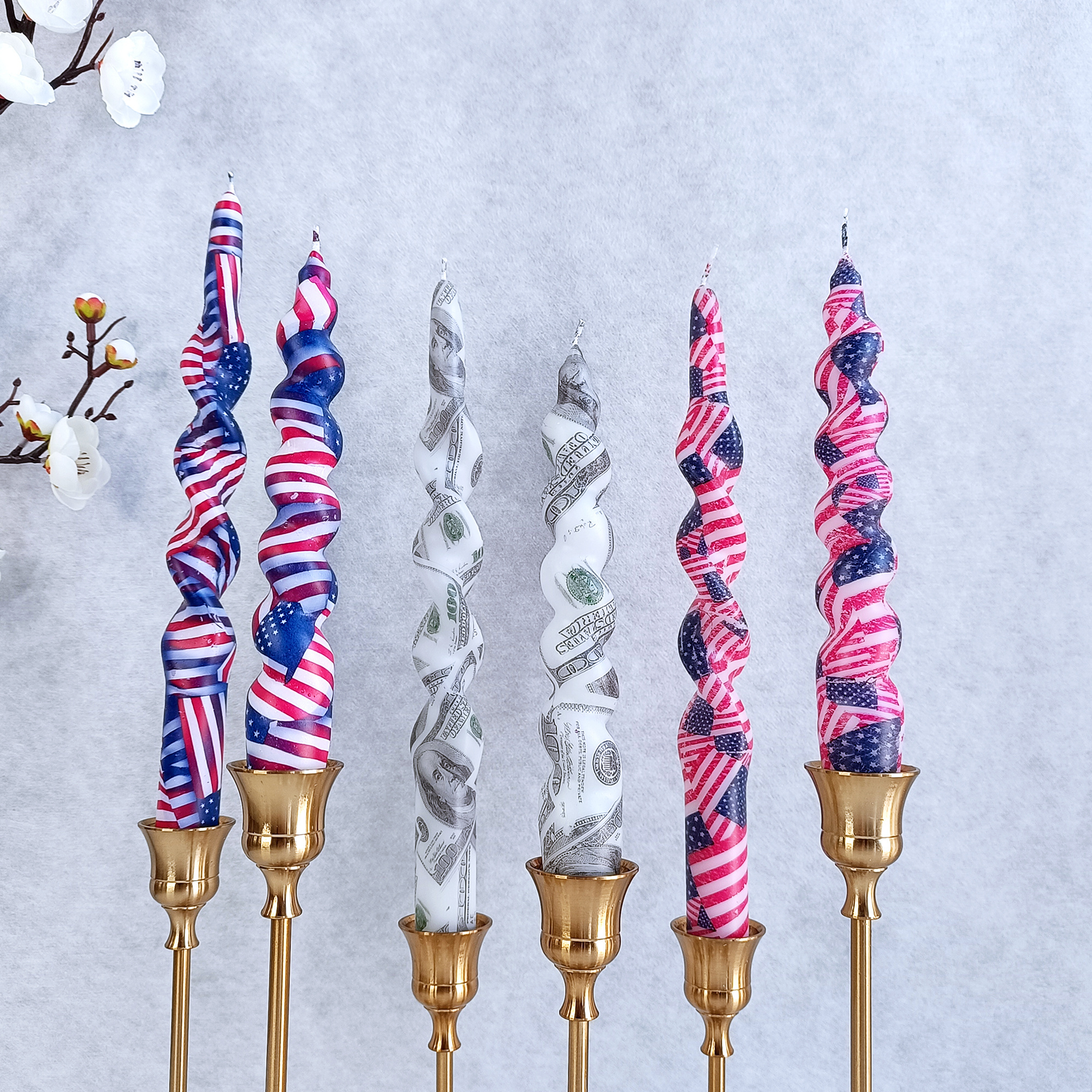 Manufacturer Paraffin Wax Swirl Candle Stick the Stars and the Stripes Pattern Twist Spiral Candle Dollar Printed Taper Candles