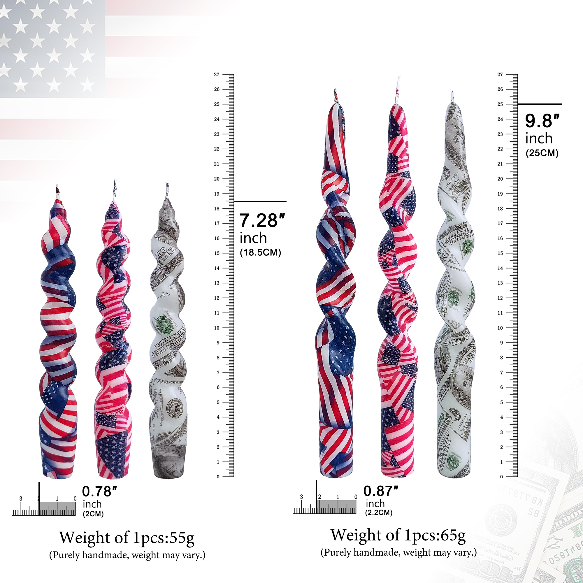 Manufacturer Paraffin Wax Swirl Candle Stick the Stars and the Stripes Pattern Twist Spiral Candle Dollar Printed Taper Candles