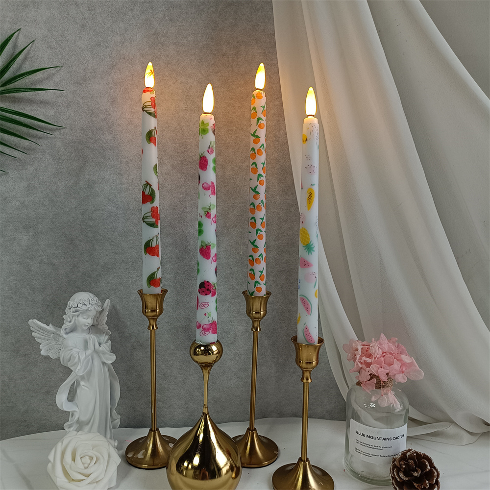 10 inch Long LED Taper Candles With Remote Control Timer Party Dinner Battery Operated Candles Fruit Patterned Flameless Candles