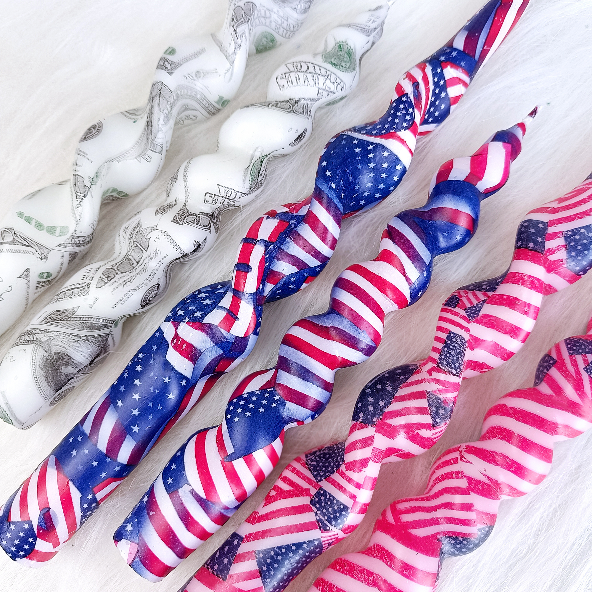 Manufacturer Paraffin Wax Swirl Candle Stick the Stars and the Stripes Pattern Twist Spiral Candle Dollar Printed Taper Candles