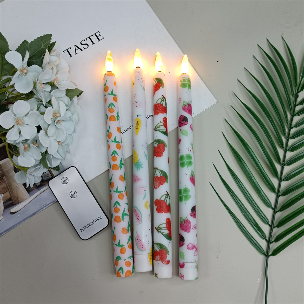 10 inch Long LED Taper Candles With Remote Control Timer Party Dinner Battery Operated Candles Fruit Patterned Flameless Candles