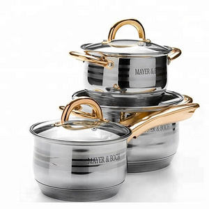 Kitchen Gadgets 6 pcs Cookware Set Stainless Steel Cooking Pot Gold Color Handles and Knob