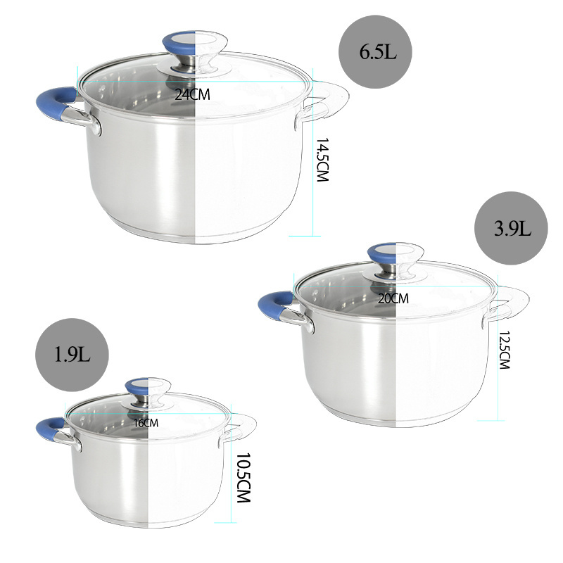 Manufacturer camping pots and pans blue color handle triply stainless steel cookware sets pots and pans