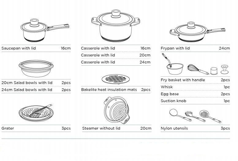 Stainless Steel Wide Edge Cookware Sets with Salad Bowl Steamer Utensils