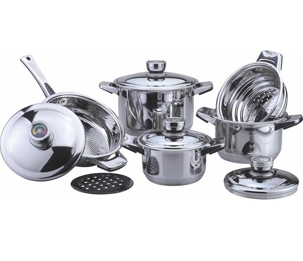 Factory Price Wide Edge Heavy Duty Stainless Steel Cookware Set with Thermometer Lid