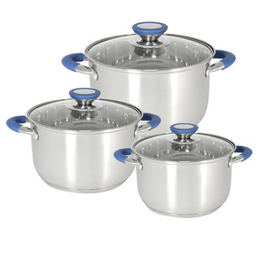 Manufacturer camping pots and pans blue color handle triply stainless steel cookware sets pots and pans