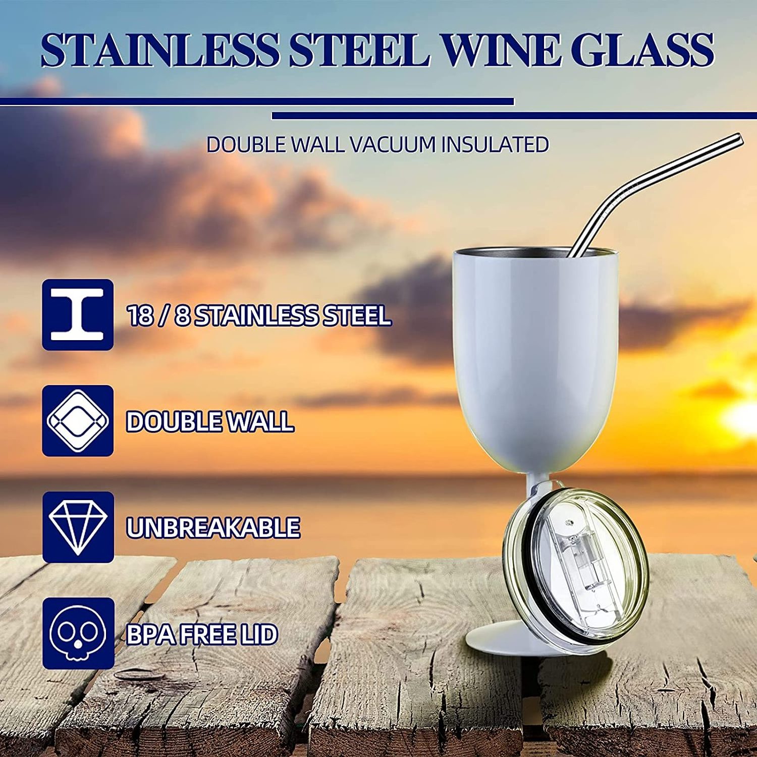 10oz Double Wall Vacuum Sealed Insulated Wine Glass With Splash Proof Lid Stainless Steel Unbreakable Goblet