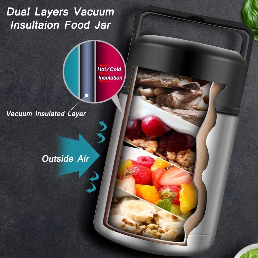 Stainless Steel Food Jar 800ml Travel Portable Double Walled Vacuum Insulated Thermos Lunch Box With Spoon