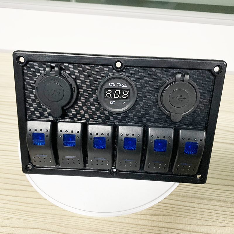 Factory Price DC 12V 24V 5 Pin ON-OFF Blue LED Circuit Breaker Plastic Plate 6 Gang Marine Boat Rocker Switch Panel