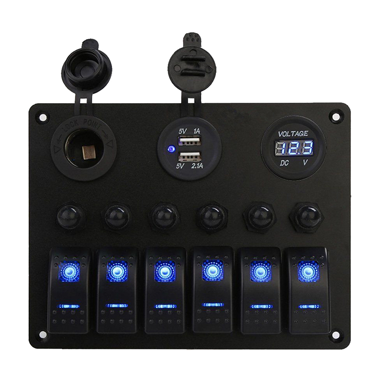 12V 5Pins On-off Switch Marine Rv Waterproof 6 Gang Circuit Breaker Rocker Switch Panel