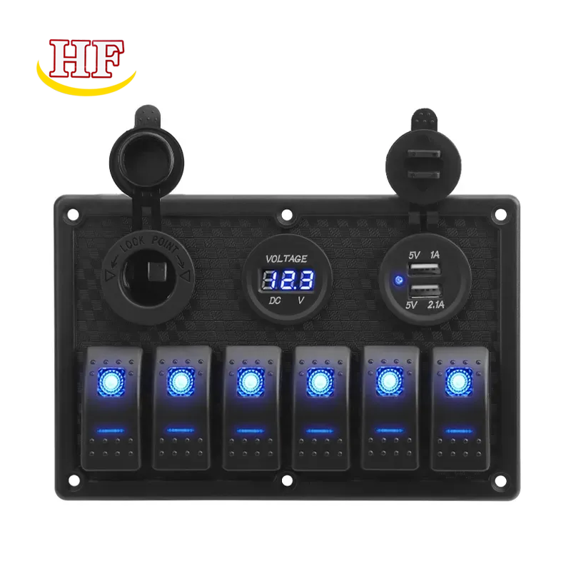 Factory Price DC 12V 24V 5 Pin ON-OFF Blue LED Circuit Breaker Plastic Plate 6 Gang Marine Boat Rocker Switch Panel