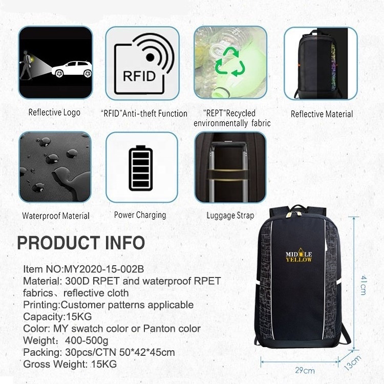 Large capacity RPET backpack custom logo printed anti theft smart men laptop backpack bag with USB charger