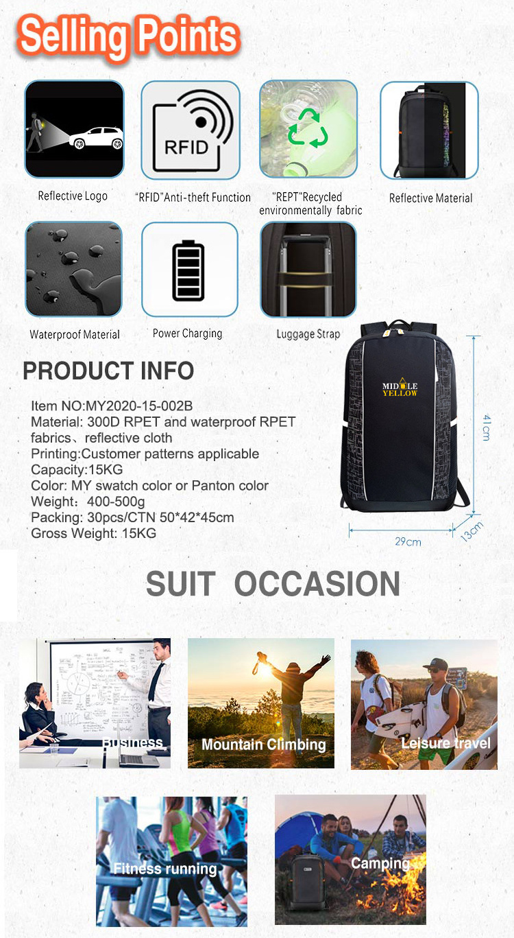 Large capacity RPET backpack custom logo printed anti theft smart men laptop backpack bag with USB charger