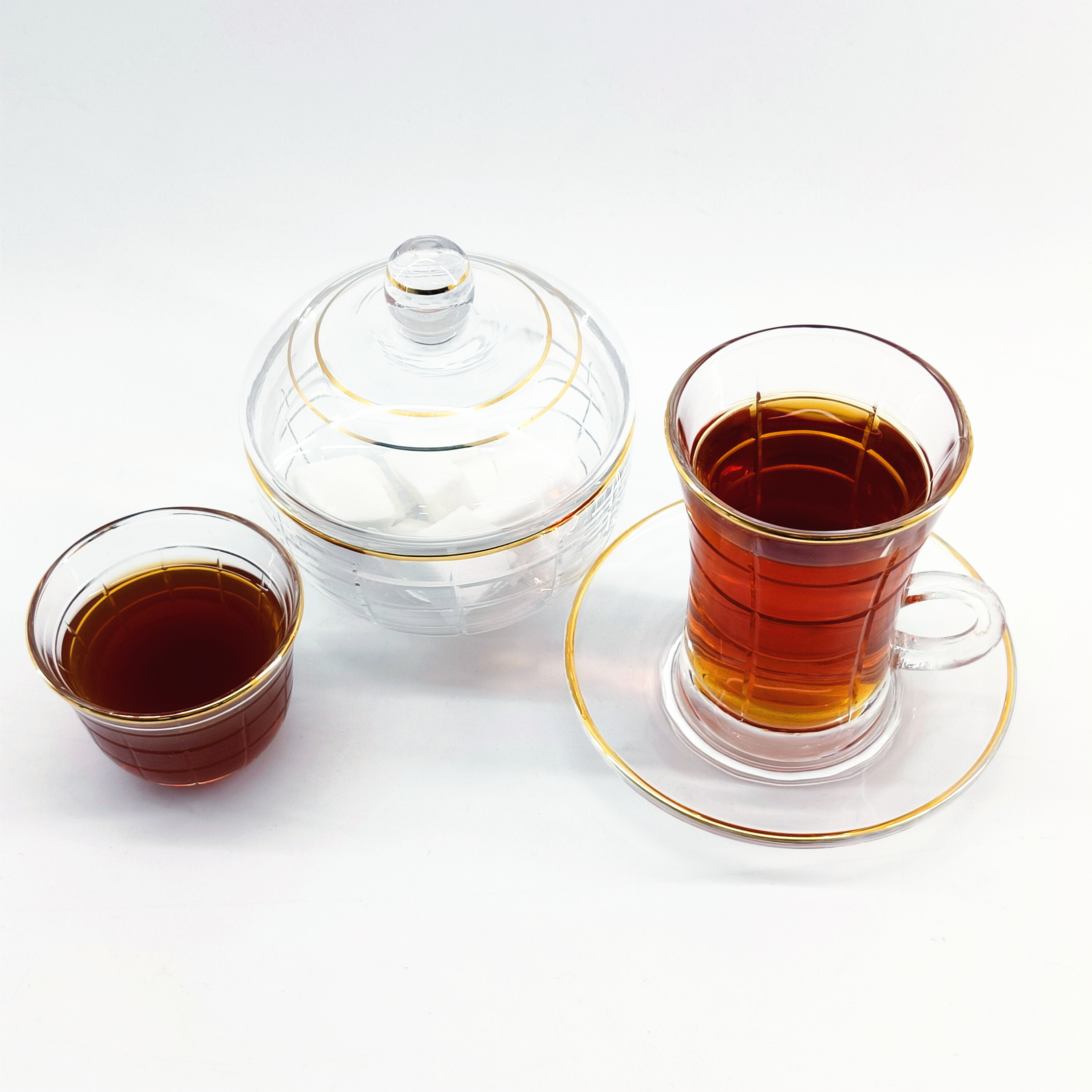 high quality pure handcutting and real gold 26 pcs glass arabic coffee cups tea cup sets with sugar bowl