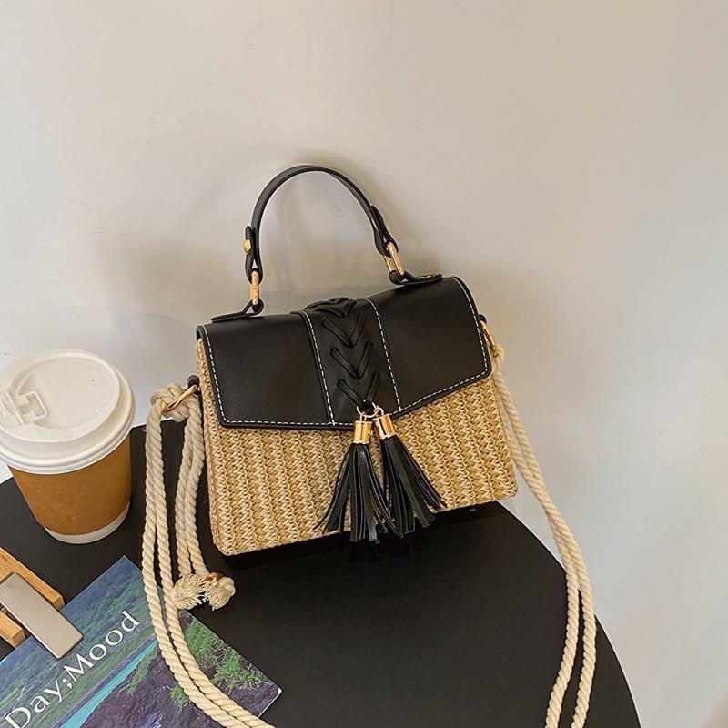 Summer Rattan Straw Square Box Handbag Trendy Fashion Tassel Straw Purse Handbag Beach bag For Ladies