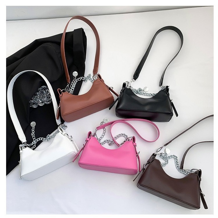 Wholesale Shape PU Leather Shoulder Bags Pure Color Underarm Bag Cool Metal Chain Handbag for Girls