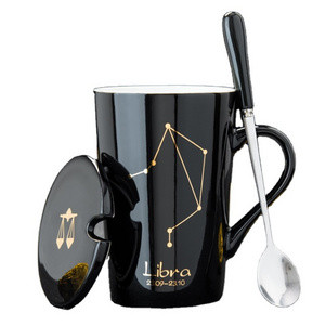 New bone china 12 constellation gold pattern ceramic mug with lid spoon couple cup custom logo ceramic cup ceramic mug