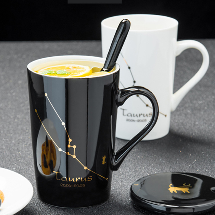 New bone china 12 constellation gold pattern ceramic mug with lid spoon couple cup custom logo ceramic cup ceramic mug