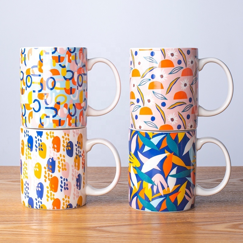 Custom Logo Pattern Stackable Ceramic Coffee Travel Mugs New Item Breakfast Cups with Handgrip for Milk & Coffee for Presents