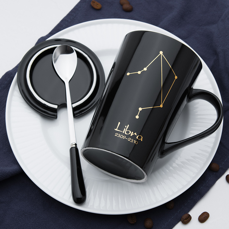 New bone china 12 constellation gold pattern ceramic mug with lid spoon couple cup custom logo ceramic cup ceramic mug