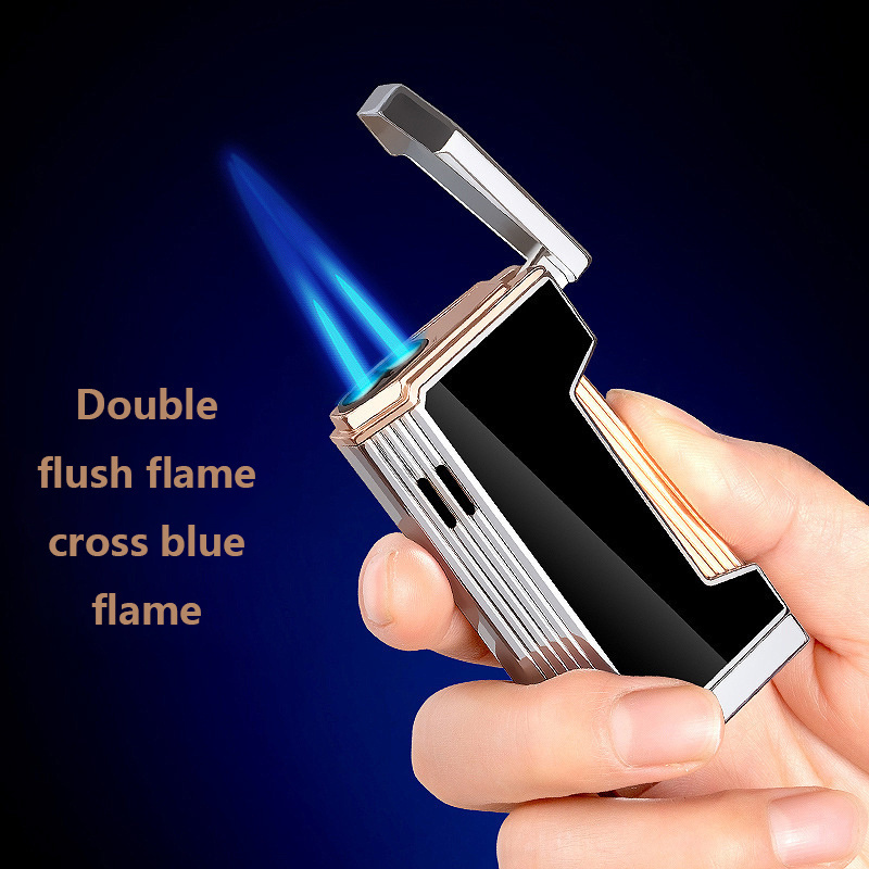 High-End Gift Box Light Luxury Focus on Double Straight-Through Windproof Cigar Lighter Double-Blast Jet Blue Fire With Hole