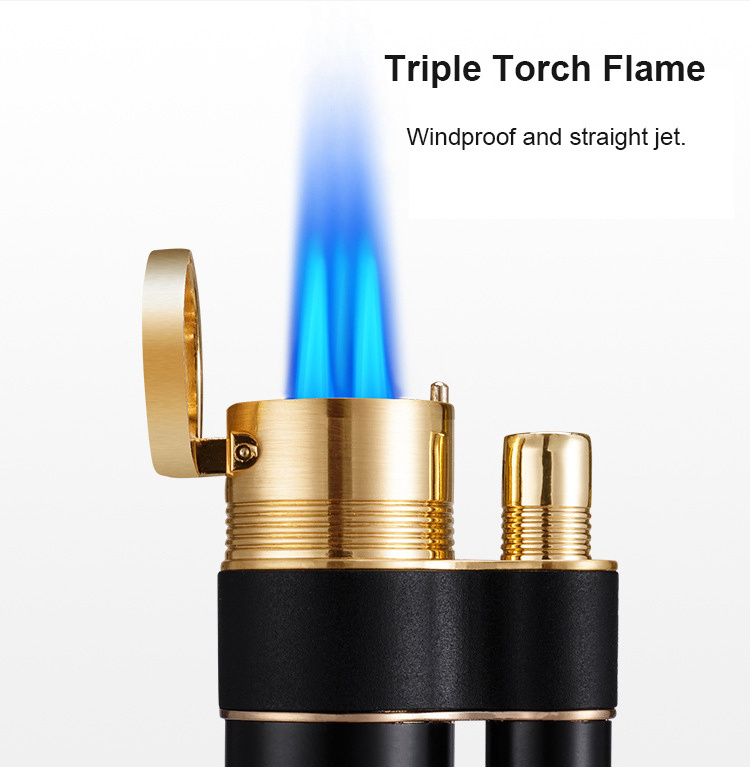 Gift Torch Lighters with Cutter Set Triple Jet Flame Lighter with Punch Butane Refillable(Without Gas)