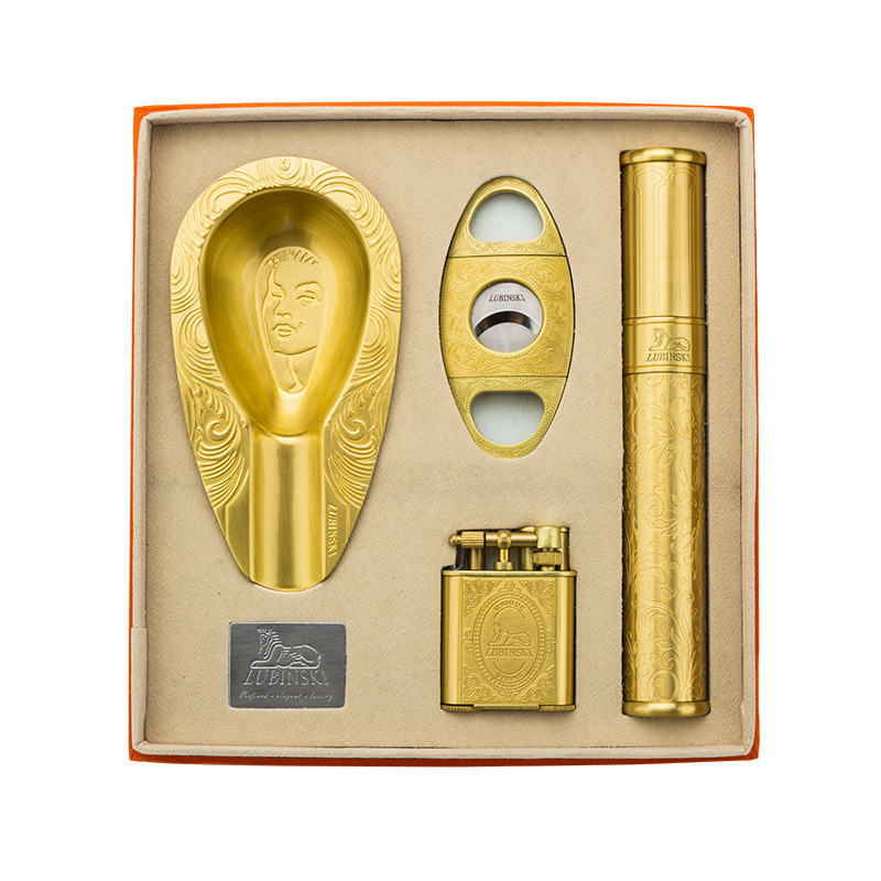 High-end cigar set pure copper four-piece lighter ashtray scissors cigar tube gift box set