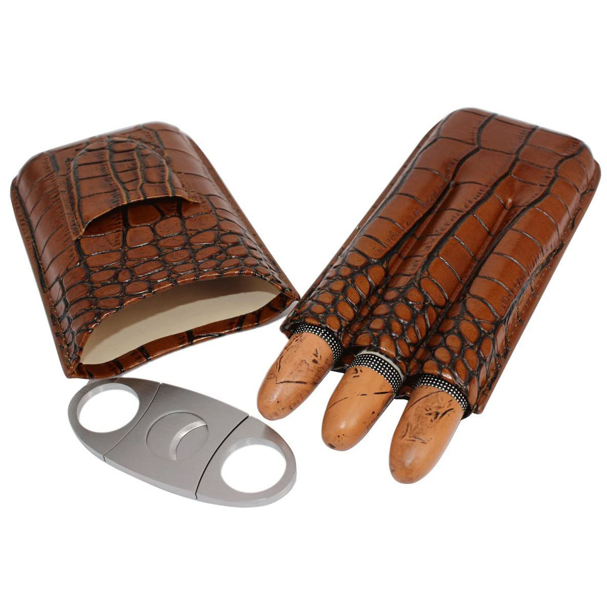 Travel 3 Cigars Personalized OEM Crocodile Pattern Leather Cigar Case With Stainless Steel Cutter