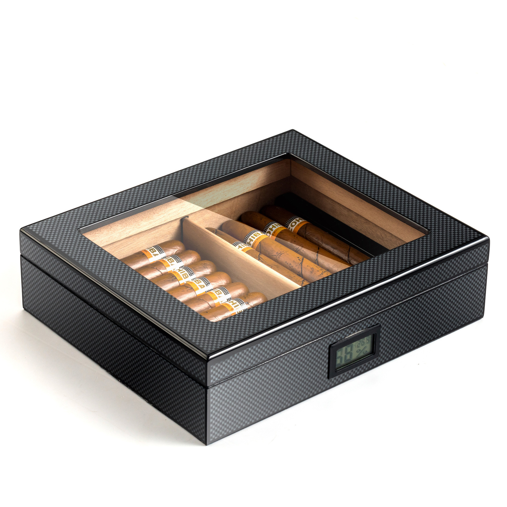 Factory Wood Cigar Box with Clear Glass Window and Top Carbon Fiber Cedar Humidor