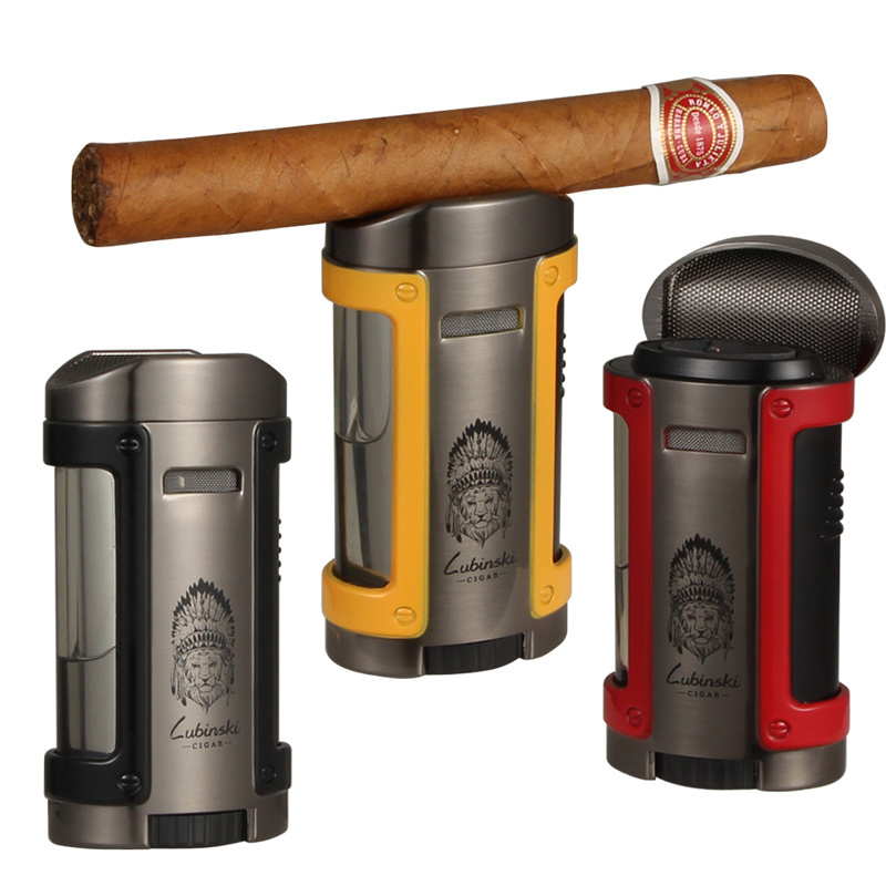 Custom Logo Refillable Gas With Holder Metal Alloy 4 Jet Flame Cigar Table Torch Lighter