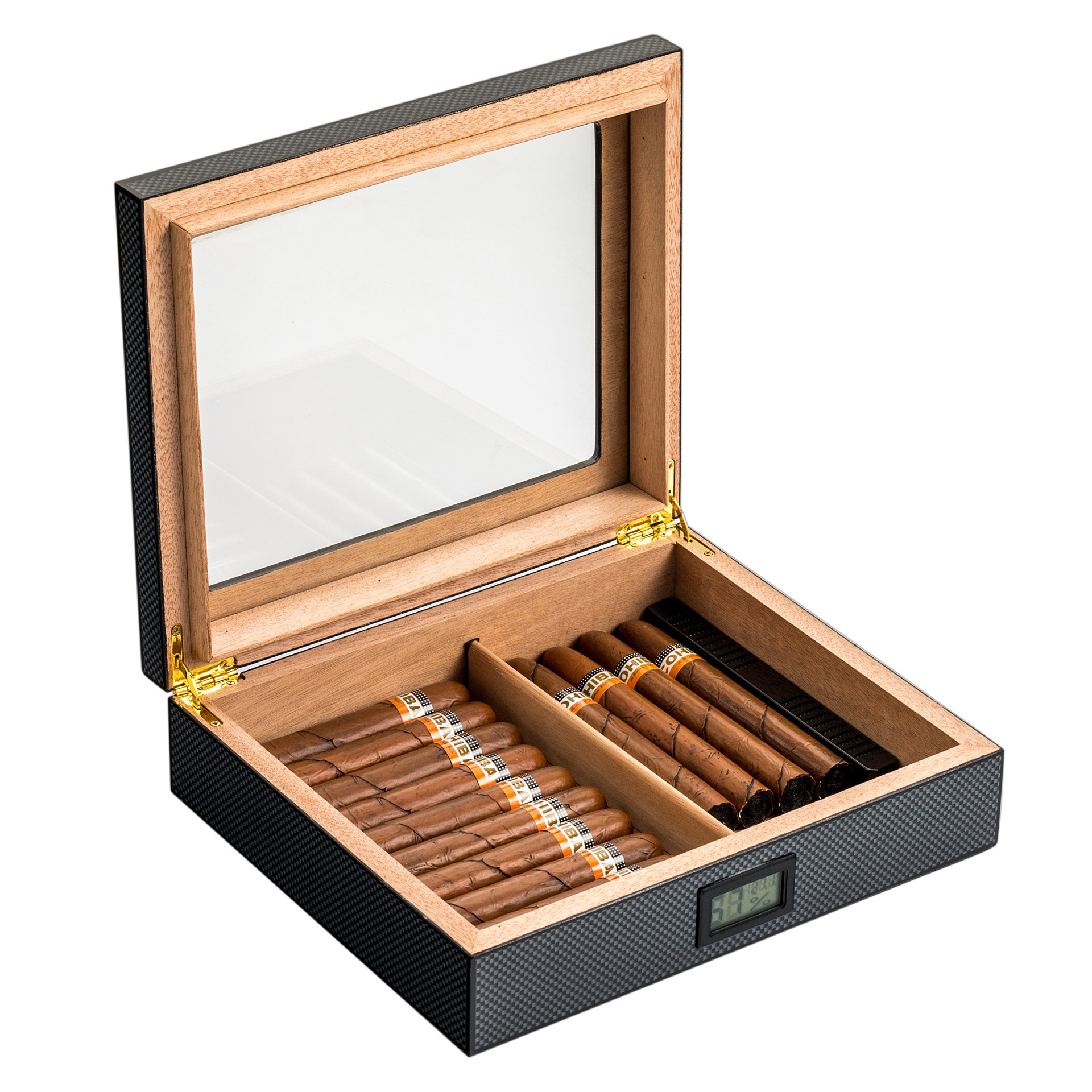 Factory Wood Cigar Box with Clear Glass Window and Top Carbon Fiber Cedar Humidor