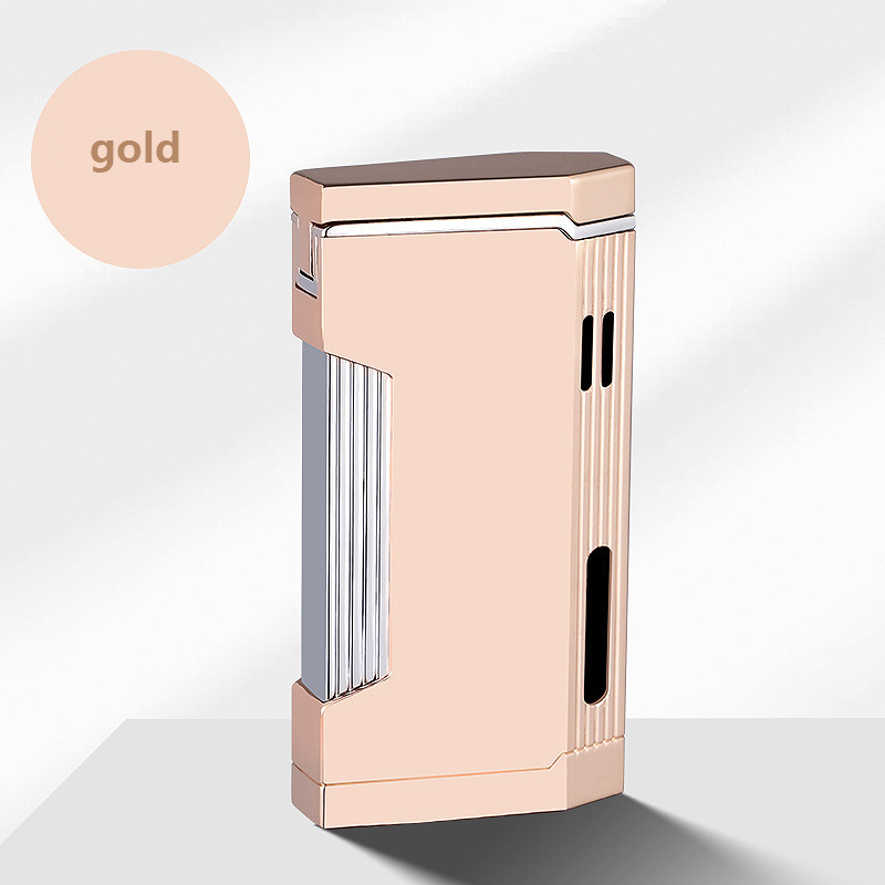 High-End Gift Box Light Luxury Focus on Double Straight-Through Windproof Cigar Lighter Double-Blast Jet Blue Fire With Hole