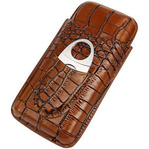 Travel 3 Cigars Personalized OEM Crocodile Pattern Leather Cigar Case With Stainless Steel Cutter