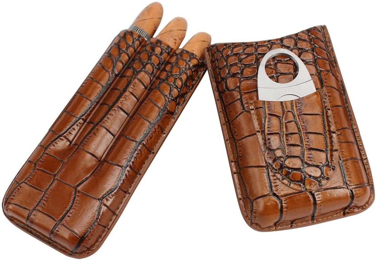 Travel 3 Cigars Personalized OEM Crocodile Pattern Leather Cigar Case With Stainless Steel Cutter