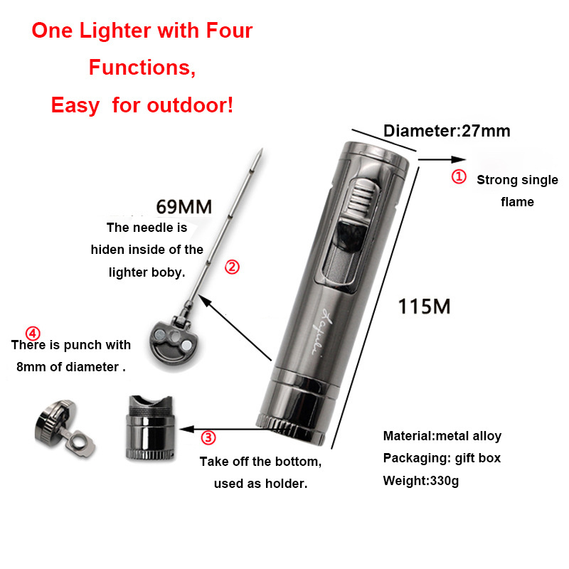 Multi-function 4 in 1 Lighter Windproof Butane Gas Jet Flame Cigar Torch Lighter With Holder