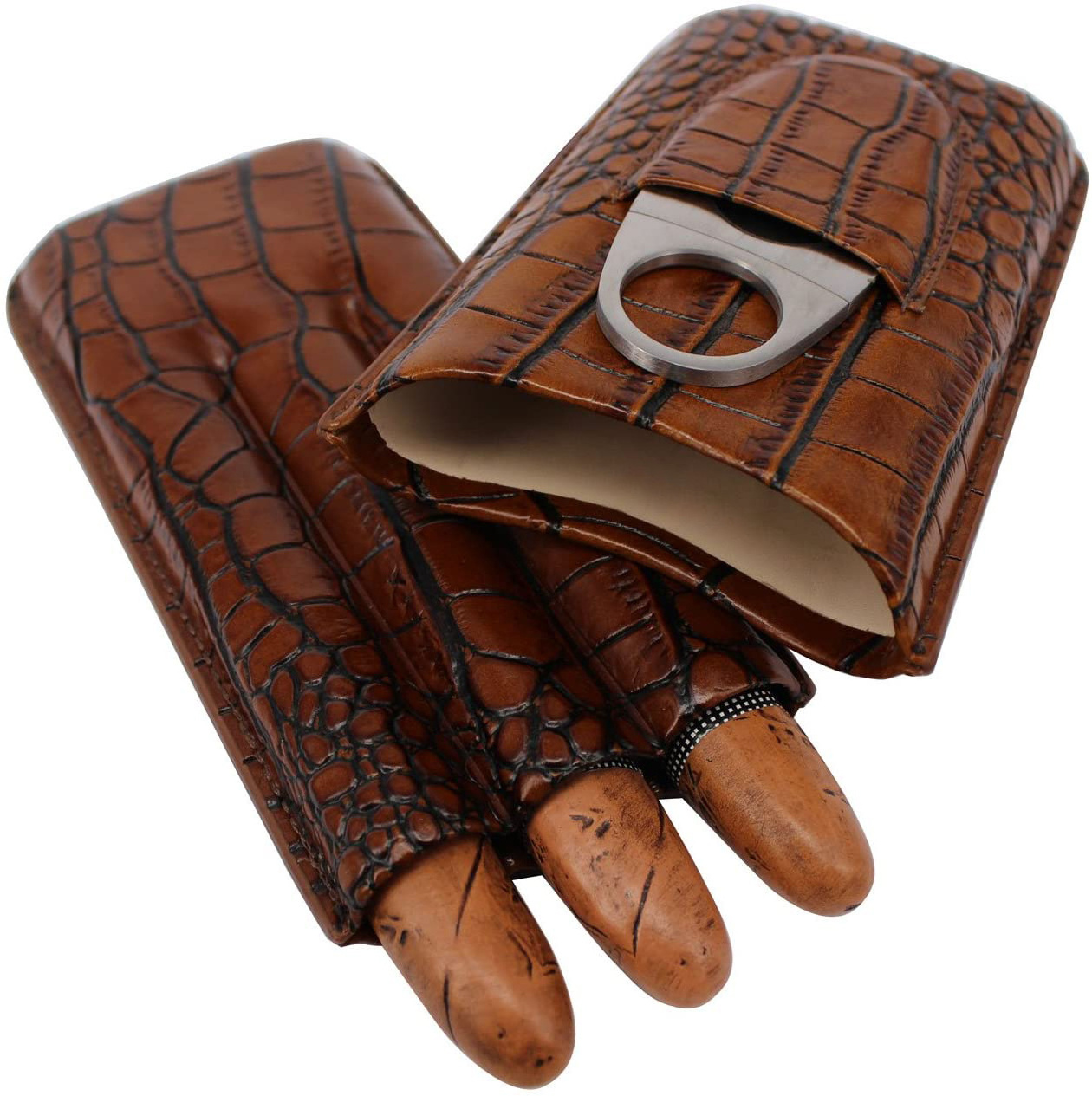 Travel 3 Cigars Personalized OEM Crocodile Pattern Leather Cigar Case With Stainless Steel Cutter