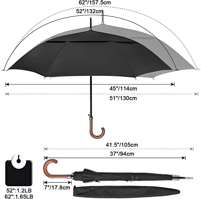 52/62/68/72/80/inch Wooden J Handle Golf Umbrella Windproof UV Protection Classic Stick Wedding Cane Umbrellas, Auto Open Cane H