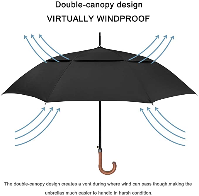 52/62/68/72/80/inch Wooden J Handle Golf Umbrella Windproof UV Protection Classic Stick Wedding Cane Umbrellas, Auto Open Cane H