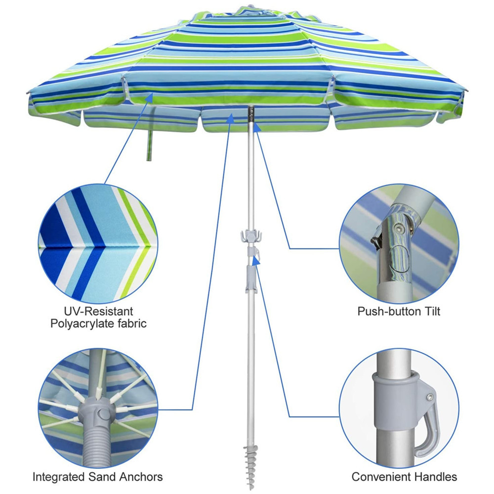 Fine Ocean Customized Striped Beach Umbrella with Tilt Aluminum Pole with Carry Bag UV Parasol Umbrella